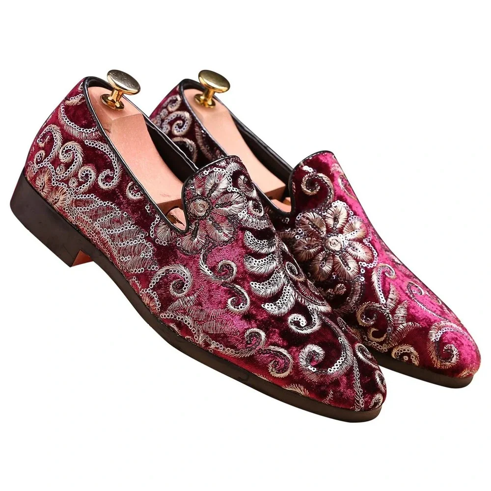 Santimon‎ Men's US 12 Red Velvet Silver Stitching Smoking Loafers Dress Shoes